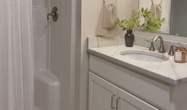 Large bathroom with wood floors and a large mirror